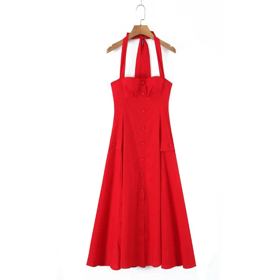 Halter Neck Backless A-Line Mid-Calf Dress