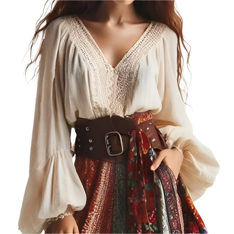 Lantern Sleeve Boho Blouse – Lace Patchwork V-Neck Top for Women