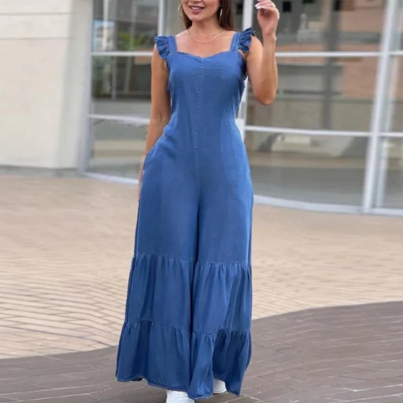 Tat Weave Ruffle Jumpsuit – High-Waist Full-Length One-Piece for All Seasons