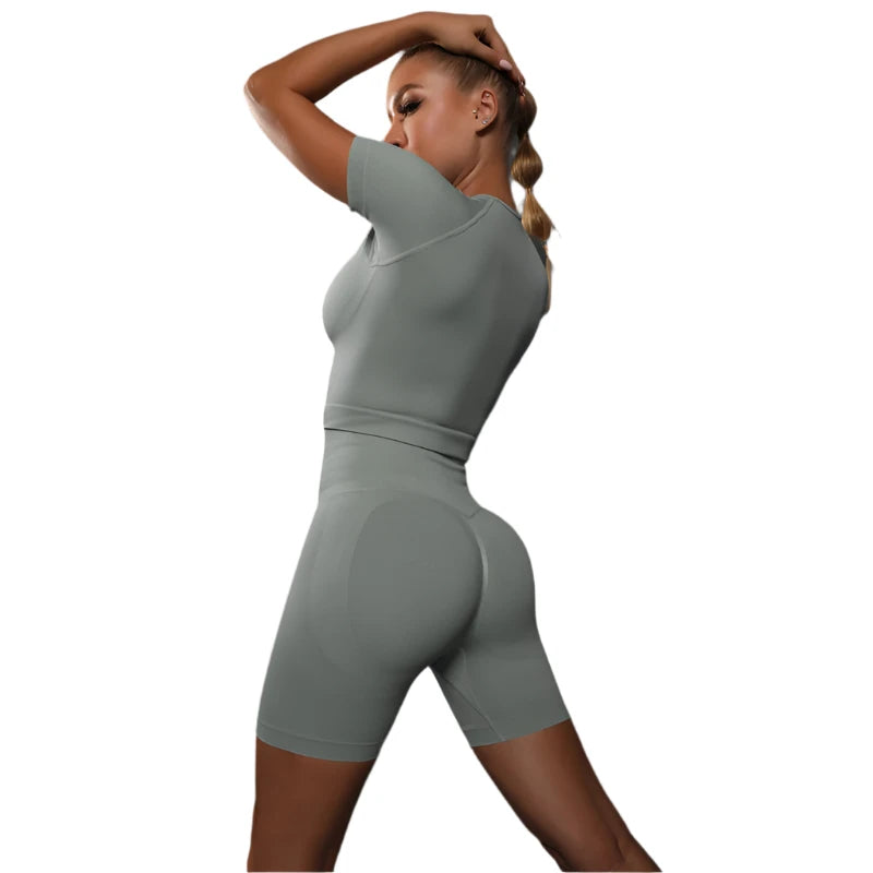 Sporty Two-Piece Set for Women – Slim Fit Short Sleeve Top & Elastic Waist Shorts