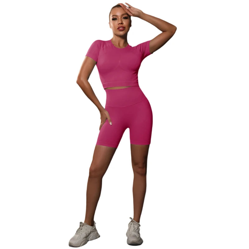 Sporty Two-Piece Set for Women – Slim Fit Short Sleeve Top & Elastic Waist Shorts