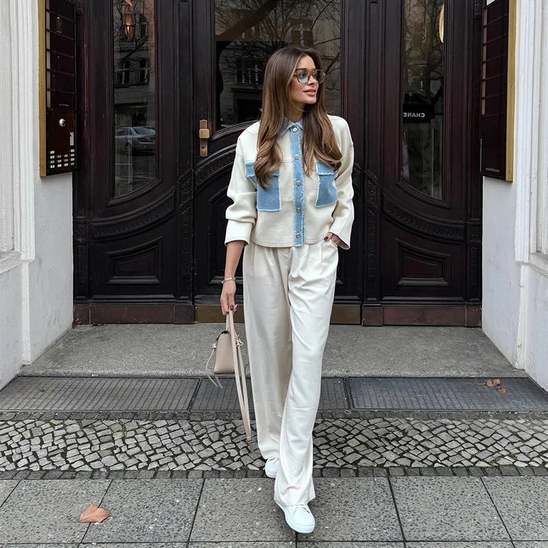Denim Patchwork Jacket - Lightweight Single-Breasted Solid Colour