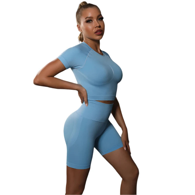 Sporty Two-Piece Set for Women – Slim Fit Short Sleeve Top & Elastic Waist Shorts