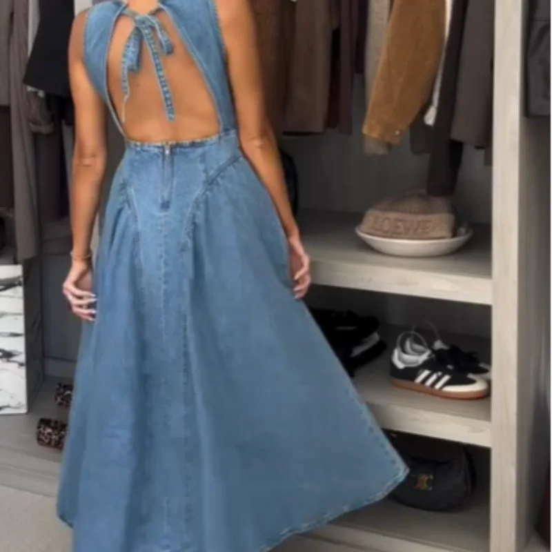 Women's Backless Lace-Up High Waisted Denim Dress
