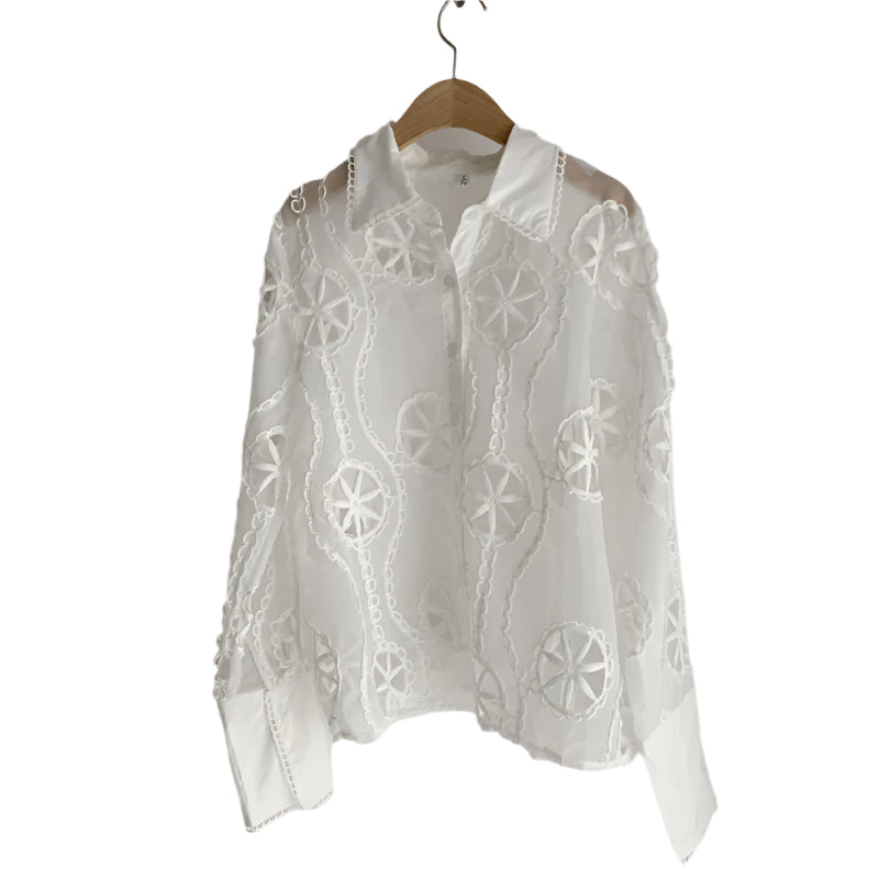 Elegant Lace Blouse – Turn-Down Collar & Full Sleeve Spring Top