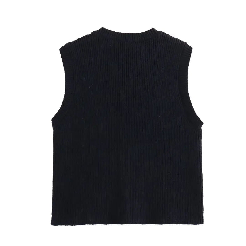 Women's Knitted Vest – Solid Colour Button-Front Sleeveless Outerwear