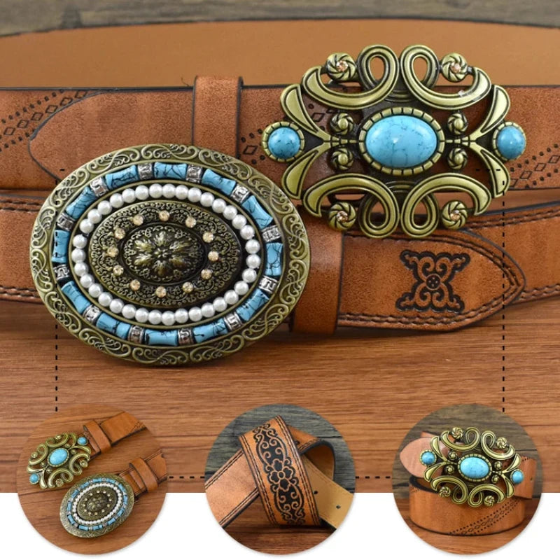 Women's Vintage Belt with Stone Buckles
