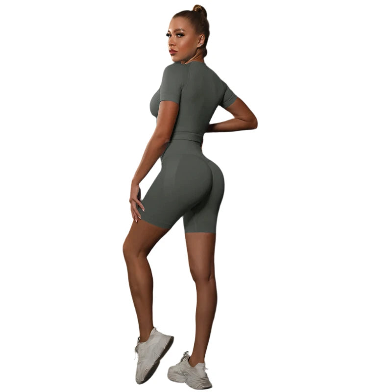 Sporty Two-Piece Set for Women – Slim Fit Short Sleeve Top & Elastic Waist Shorts