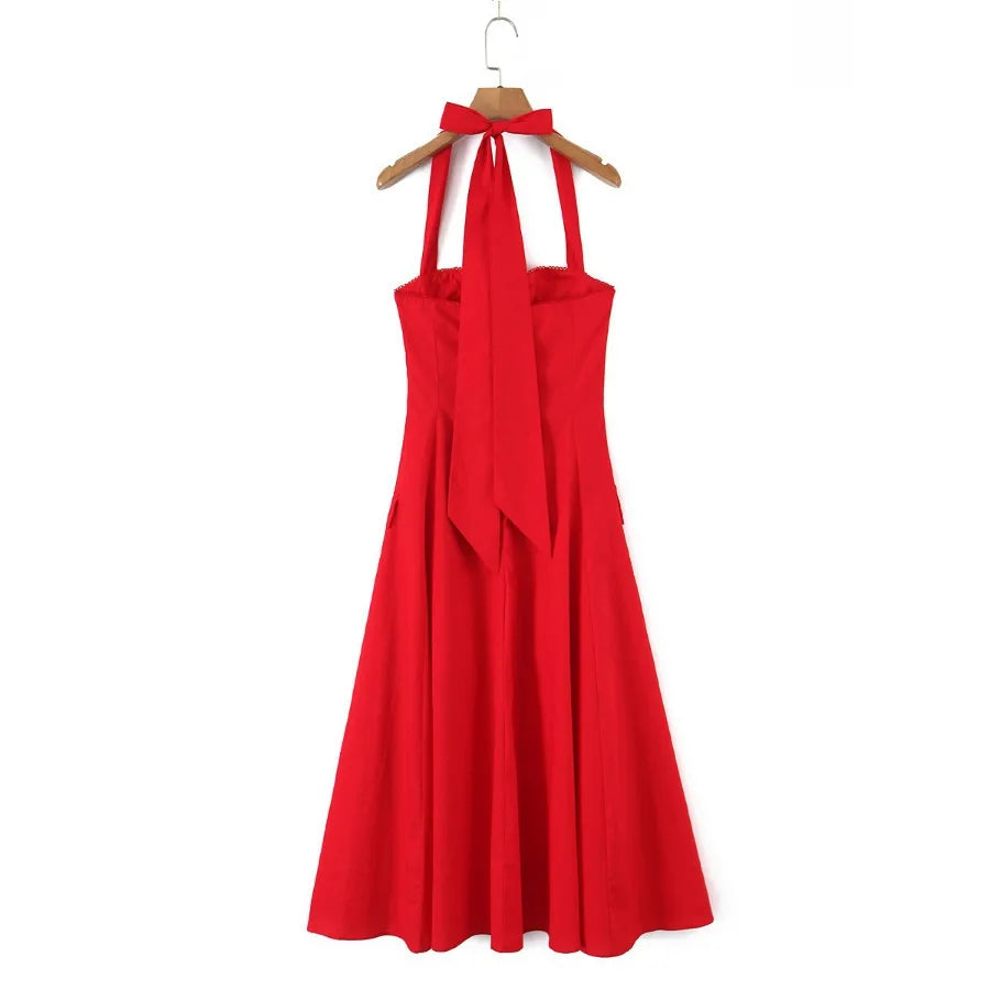 Halter Neck Backless A-Line Mid-Calf Dress