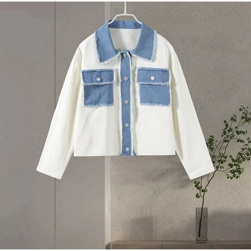 Denim Patchwork Jacket - Lightweight Single-Breasted Solid Colour