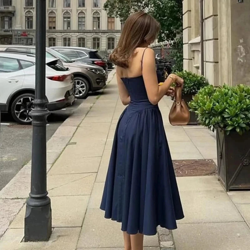 Spaghetti Strap Pleated Corset Midi Dress with Pockets