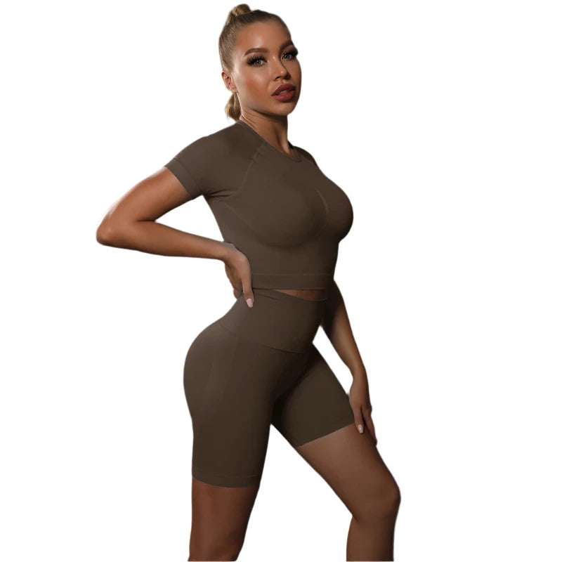 Sporty Two-Piece Set for Women – Slim Fit Short Sleeve Top & Elastic Waist Shorts