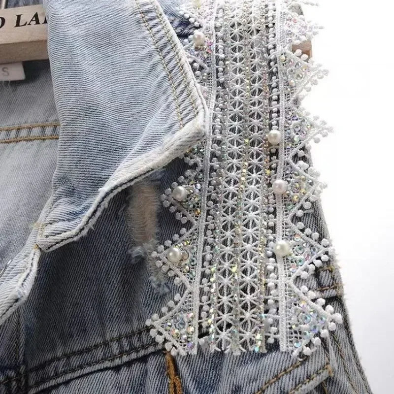 Lace Beaded Denim Vest