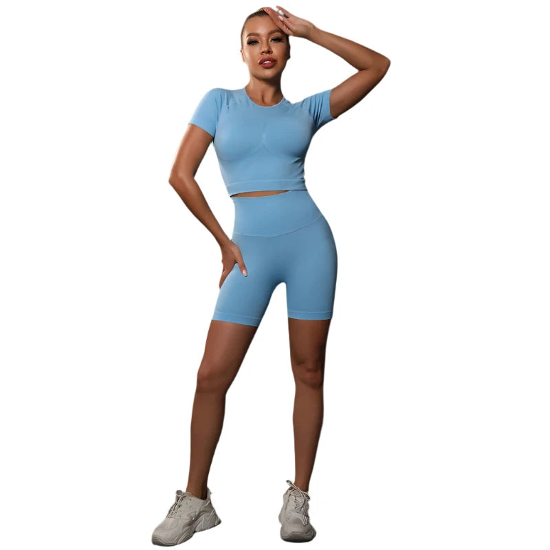 Sporty Two-Piece Set for Women – Slim Fit Short Sleeve Top & Elastic Waist Shorts