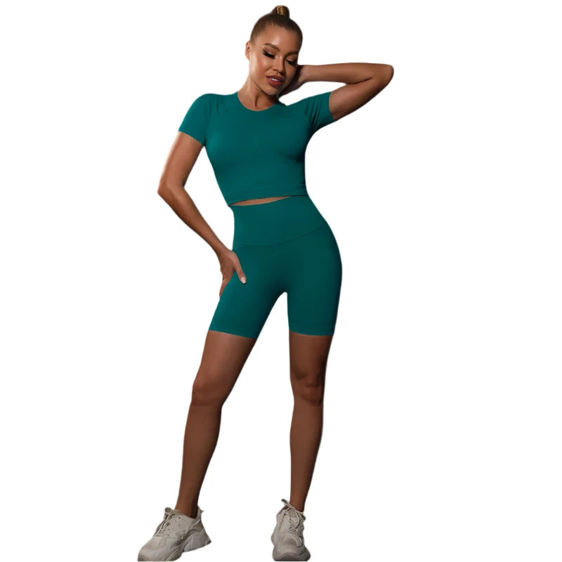 Sporty Two-Piece Set for Women – Slim Fit Short Sleeve Top & Elastic Waist Shorts