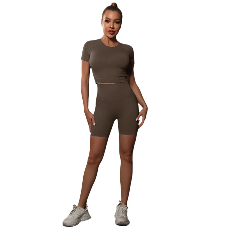 Sporty Two-Piece Set for Women – Slim Fit Short Sleeve Top & Elastic Waist Shorts