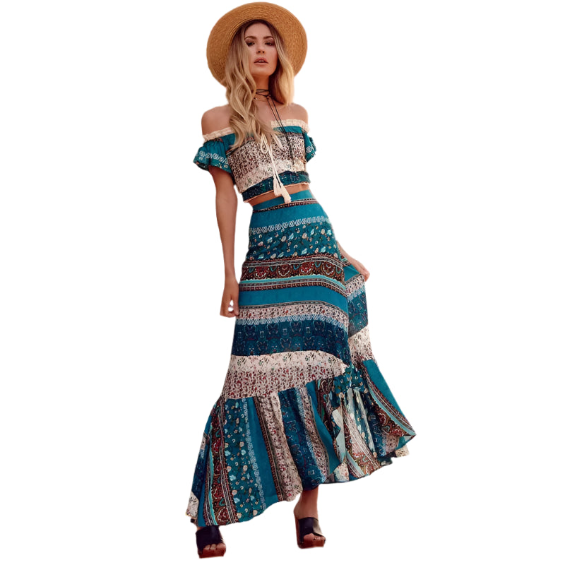 Boho Floral 2-Piece Skirt Set – Summer Crop Top & Maxi Skirt Outfit