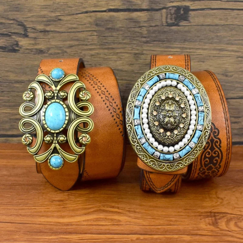 Women's Vintage Belt with Stone Buckles