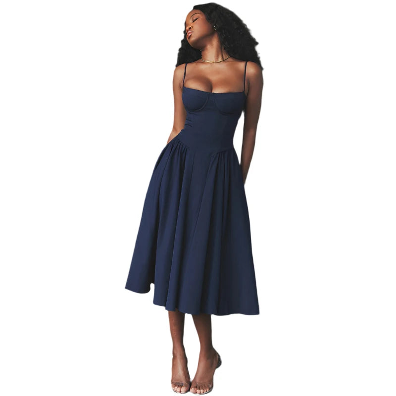 Spaghetti Strap Pleated Corset Midi Dress with Pockets