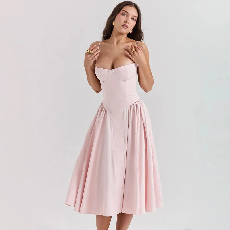 Spaghetti Strap Pleated Corset Midi Dress with Pockets