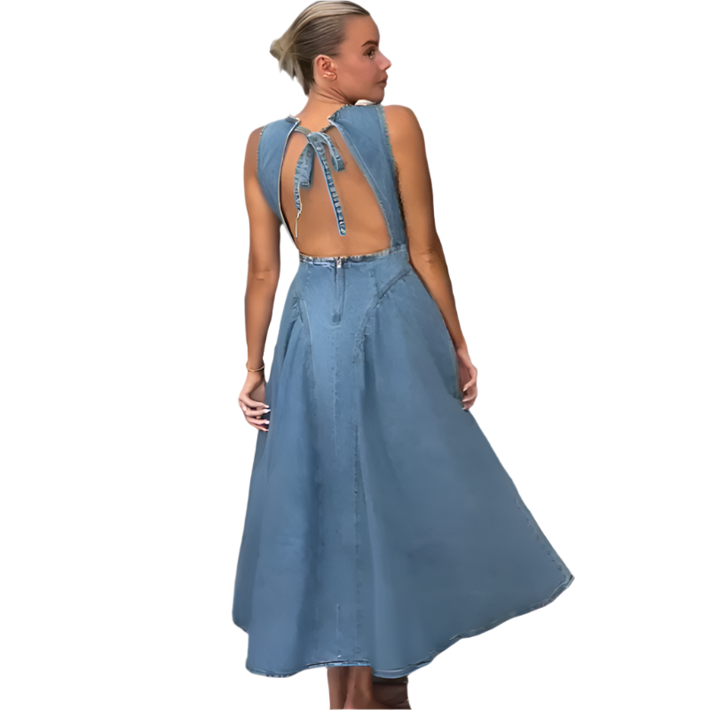 Women's Backless Lace-Up High Waisted Denim Dress