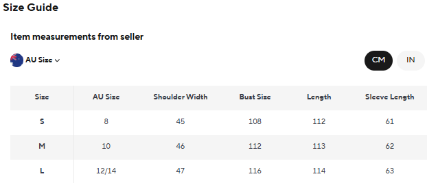 Size guide chart for clothing measurements in AU, CM, and IN.