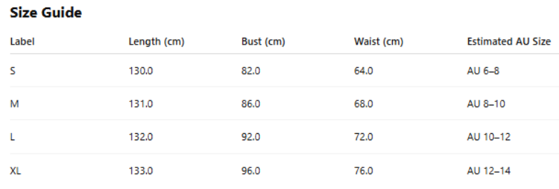 Size guide for a Honey Set garment with measurements in centimeters and estimated AU sizes.