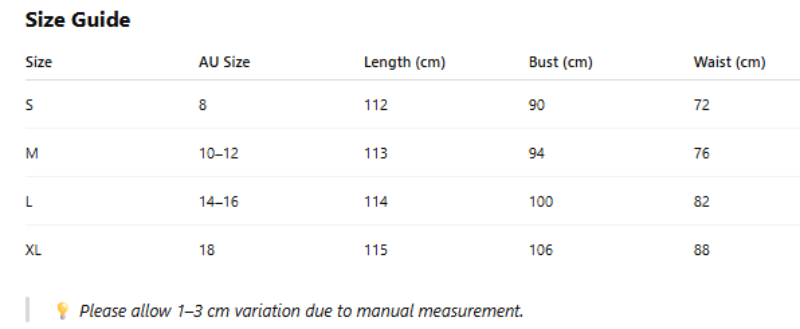 Size guide chart for clothing with measurements in centimeters