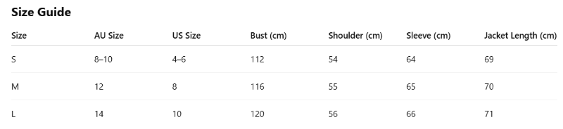 Size guide chart for clothing measurements in centimeters