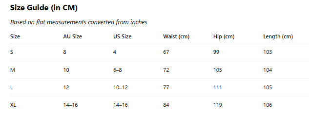 Size guide chart converting measurements from AU, US, waist, hip, and length in centimeters.