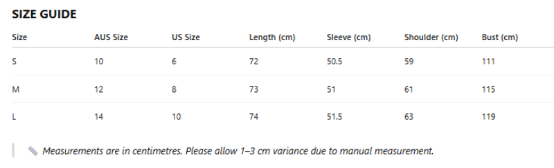 Size guide chart for clothing with measurements in centimeters
