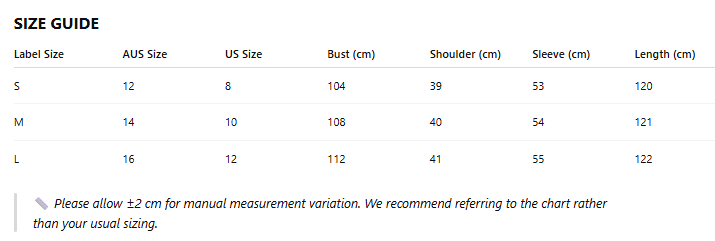 Size guide chart for clothing with label sizes, AUS, US, bust, shoulder, sleeve, and length measurements.