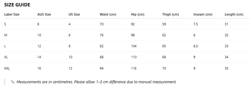 Size guide chart for clothing measurements in centimeters