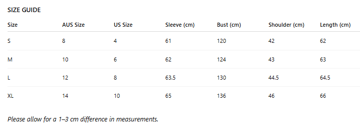 Size guide chart for clothing with measurements in centimeters