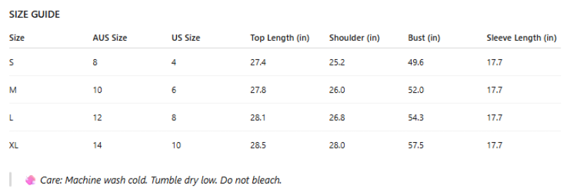 Size guide chart for clothing with measurements in inches