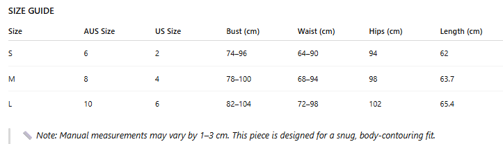 Size guide chart for clothing with measurements in centimeters
