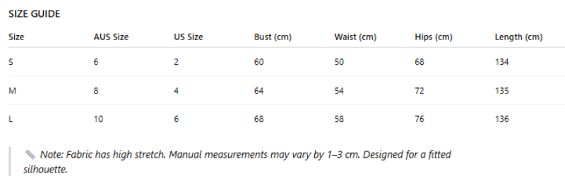 Size guide chart for clothing with measurements in centimeters