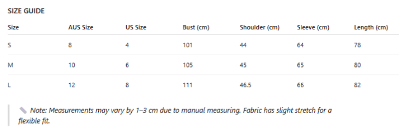 Size guide chart for clothing with measurements in centimeters