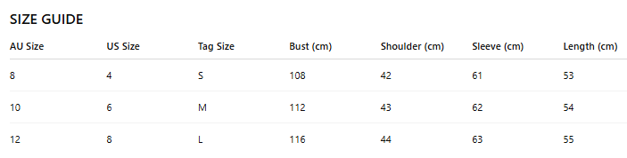 Size guide chart for clothing with measurements in centimeters