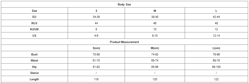 Size chart for clothing with measurements in EU, US, and AU/UK.