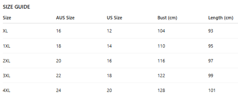 Size guide chart comparing Australian, US, bust, and length measurements.