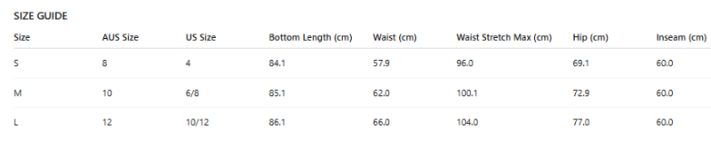Size guide chart for clothing with measurements in centimeters