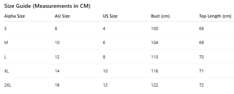 Size guide chart for clothing measurements in centimeters and US sizes.