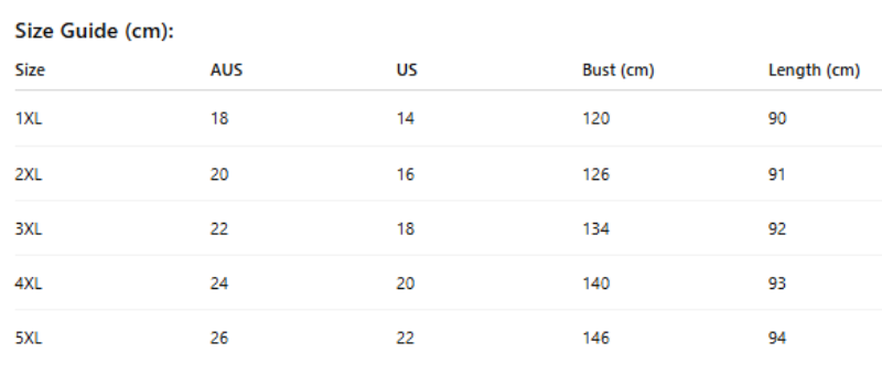 Size guide chart for clothing with measurements in centimeters and inches.
