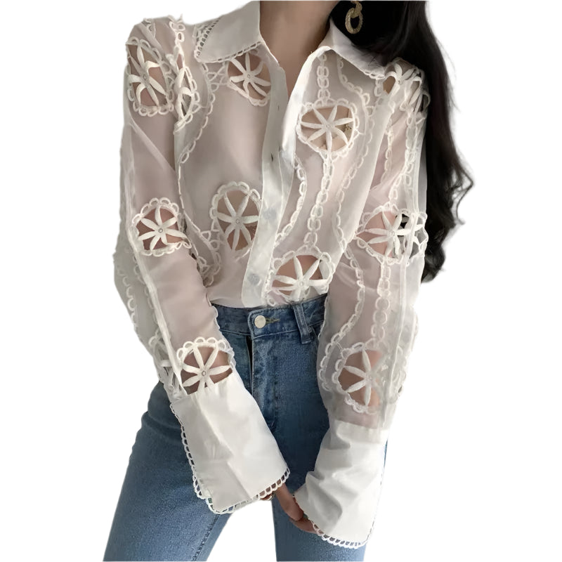 Elegant Lace Blouse – Turn-Down Collar & Full Sleeve Spring Top