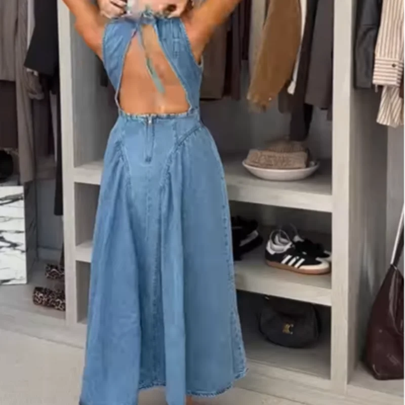 Women's Backless Lace-Up High Waisted Denim Dress