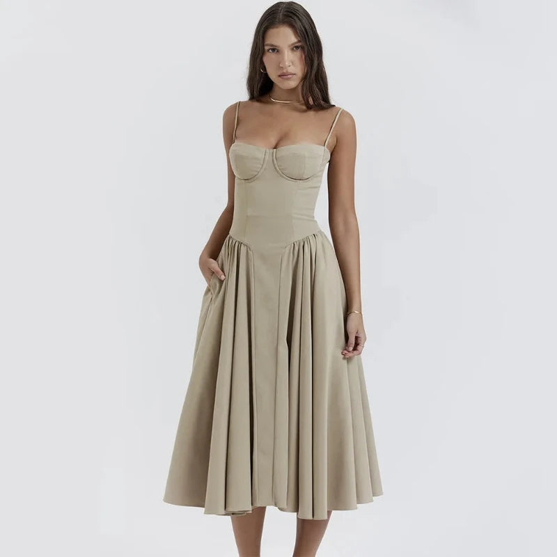 Spaghetti Strap Pleated Corset Midi Dress with Pockets