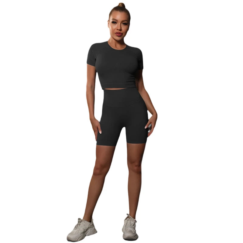 Sporty Two-Piece Set for Women – Slim Fit Short Sleeve Top & Elastic Waist Shorts