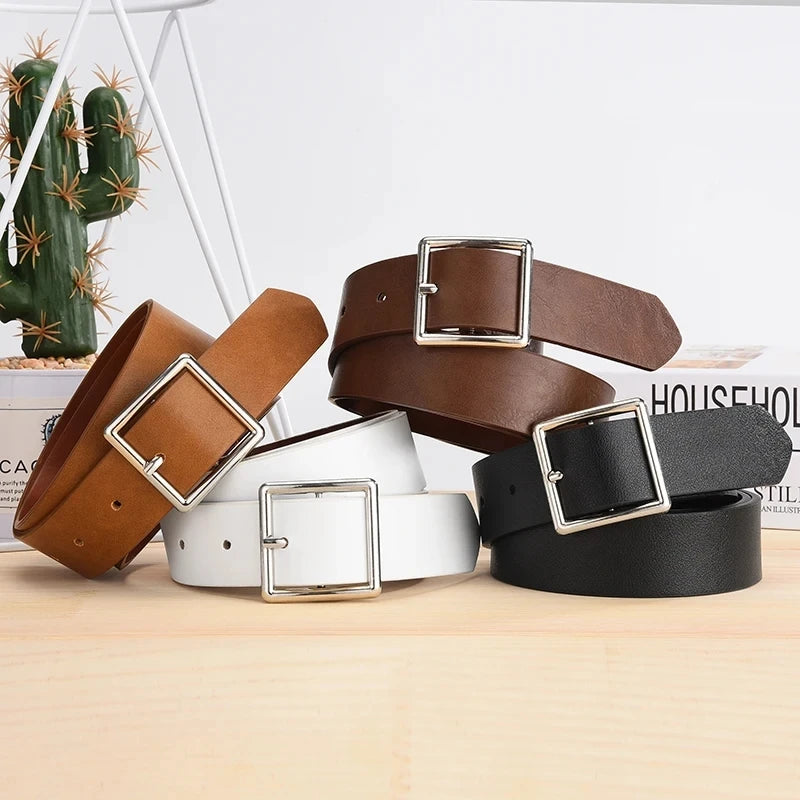 Women's Soft Faux Leather Belt – Vintage Square & Pin Buckle Design