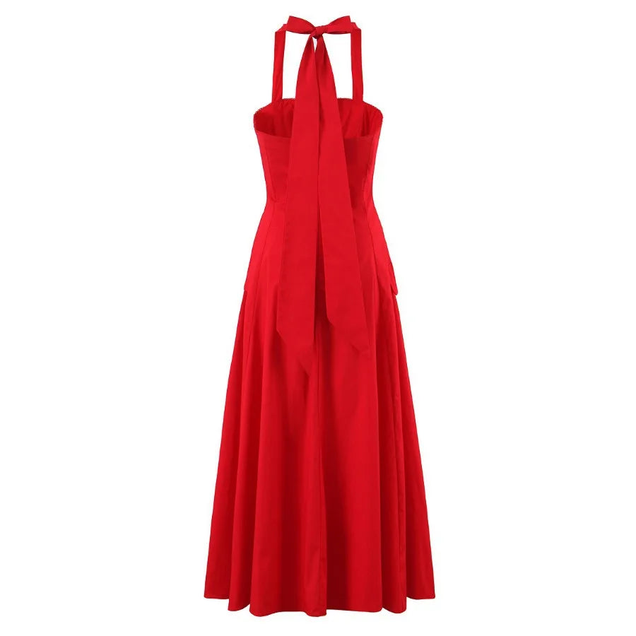 Halter Neck Backless A-Line Mid-Calf Dress